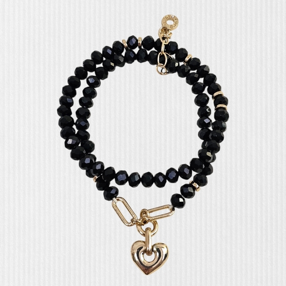 Anne Klein Double Layered Black and‎ Gold Beaded Bracelet with Heart Charm NWOT - Picture 1 of 4